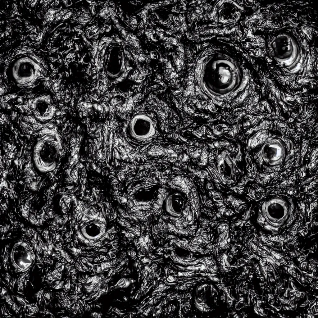 Image similar to a huge monster from dark oily gelatinous substance, with hundreds of faces just below the surface, covered in human eyes, ominous, dark lighting, barely visible from the shadows, ultrarealistic, 4 k photo, leica