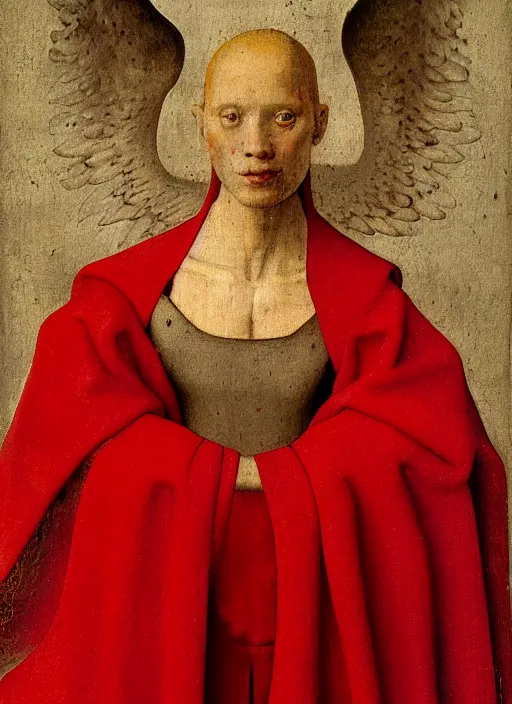 Image similar to profile of a fallen angel dressed in red with wings by Jan van Eyck, Hieronymus Bosch, Johannes Vermeer 4k post-processing, highly detailed medieval painting