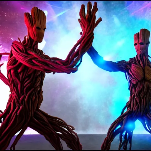 Image similar to groot and optimus prime dancing at techno party among people, wide shoot, after effect, ultra realistic 3 d