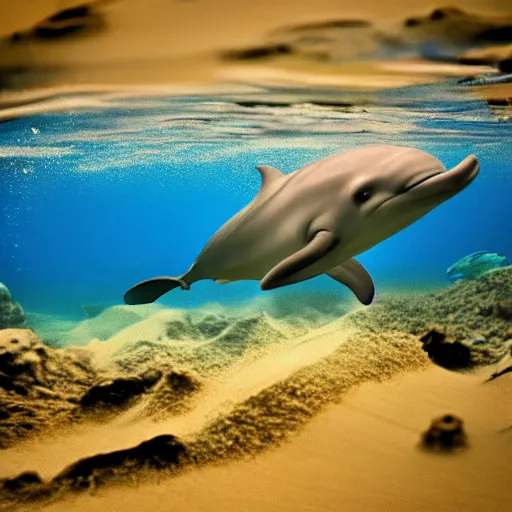 Prompt: professional underwater photo similar to level of donkey kong country, by discovery magazine, sand waves, dolphin underwater, real life, photorealistic, soft focus, long exposure