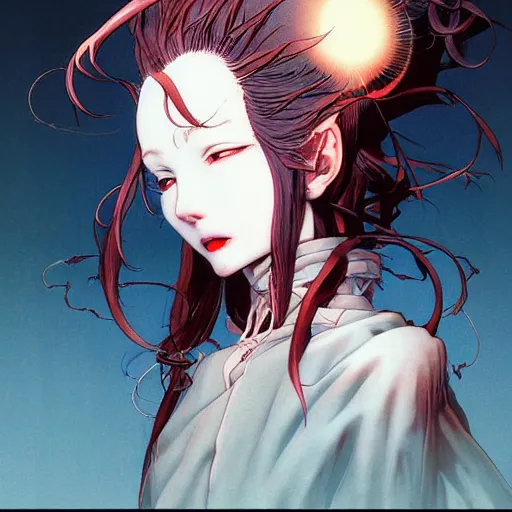 Image similar to prompt : magestic vampire portrait soft light painted by james jean and katsuhiro otomo, inspired by evangeleon anime, smooth face feature, intricate oil painting, high detail illustration, sharp high detail, manga and anime 1 9 9 0
