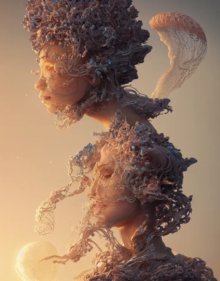 Image similar to goddess portrait. jellyfish phoenix head. intricate artwork by Tooth Wu and wlop and beeple. octane render, trending on artstation, greg rutkowski very coherent symmetrical artwork. cinematic, hyper realism, high detail, octane render, 8k, matte painting, peter mohrbacher, 3d