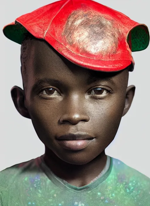 Prompt: colourful portrait of an african boy wearing a baseball cap with wires and computer chips dangling from its inside, vfx art by james jean, volumetric light, dramatic lighting, ray tracing, digital painting, digital illustration, claymation style, octane render, sharp, intricate detail, behance, artstation, pinterest,
