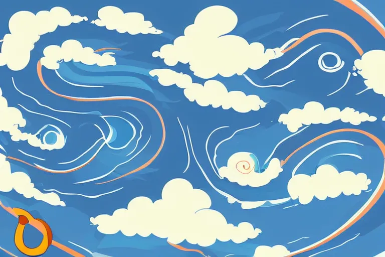 Prompt: clean cel shaded vector art, spiral, curled blue sky fluffy curled clouds, curved clouds, smoke shaped clouds, from lorax movie