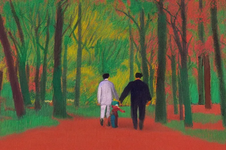 Image similar to a very tall man named John with dark hair holding the hands of a short young boy named Alex with dark hair as they walk in a park on a bright beautiful colorful day. part in the style of an edgar degas painting. part in the style of david hockney