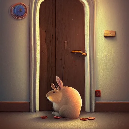 Image similar to cute rabbit hides behind the door, illustration by gediminas pranckevicius