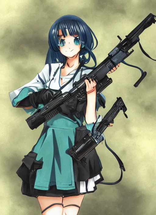 Prompt: soviet school-girl with a Turquoise hair holding an assault rifle, anime manga, high resolution