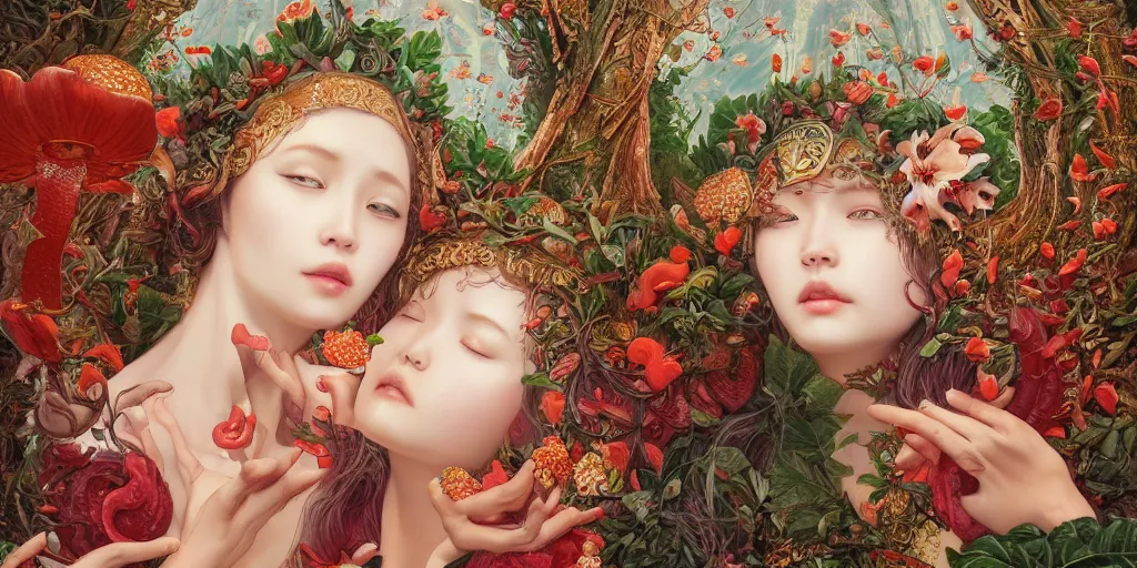 Prompt: breathtaking detailed concept art painting of kissing goddesses of rafflesia arnoldii flowers, orthodox saint, with anxious, piercing eyes, ornate background, amalgamation of leaves and flowers, by Hsiao-Ron Cheng, James jean, Miho Hirano, Hayao Miyazaki, extremely moody lighting, 8K