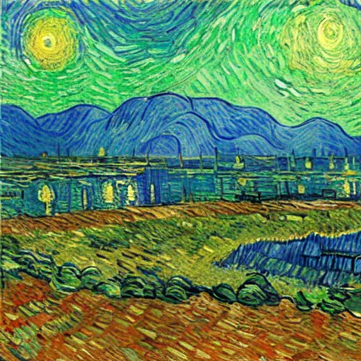 Prompt: starry night on mars, green towers, painting by van gogh