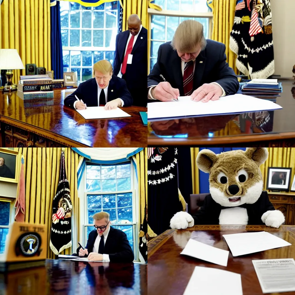 Prompt: associated press photo of a president furry fursuiter signing bills in the oval office, brightly lit