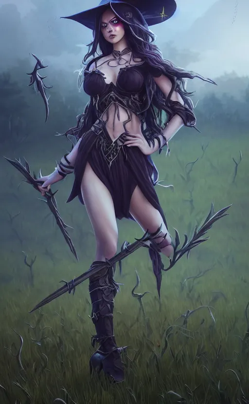 Image similar to medium shot of dark elf witch in field, sunny, highly detailed, d & d, fantasy, highly detailed, digital painting, trending on artstation, concept art, sharp focus, illustration, global illumination, ray tracing, realistic shaded, art by artgerm and greg rutkowski and fuji choko and viktoria gavrilenko and hoang lap