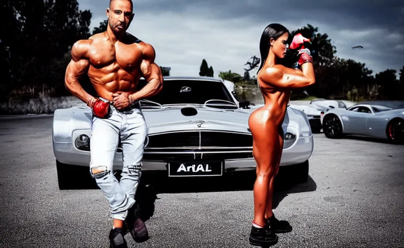 Image similar to andrew tate, angel, muscle, boxing, luxurious cars, woman, money, god