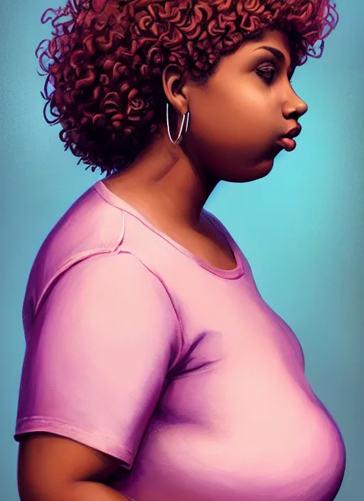 Image similar to full body portrait, teenage vanessa morgan, pink hair, brown skin, obese, curly pixie hair, sultry, realistic, short hair, hoop earrings, skirt, shirt, fat, belly, intricate, elegant, highly detailed, digital painting, artstation, concept art, smooth, sharp focus, illustration, art by wlop, mars ravelo and greg rutkowski