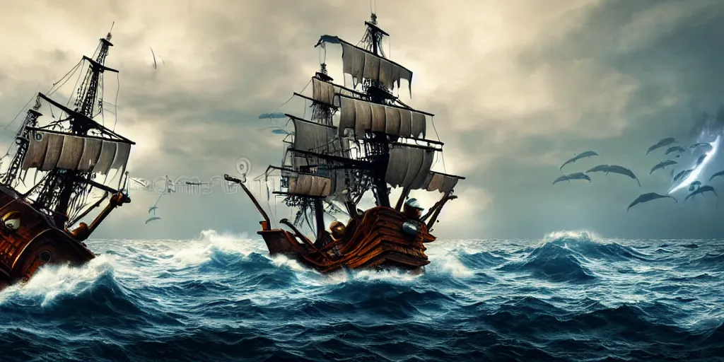 Image similar to pirate ship on rough seas, pirate ship being attacked by sea monsters, photorealistic illustration, high quality render, 8 k resolution