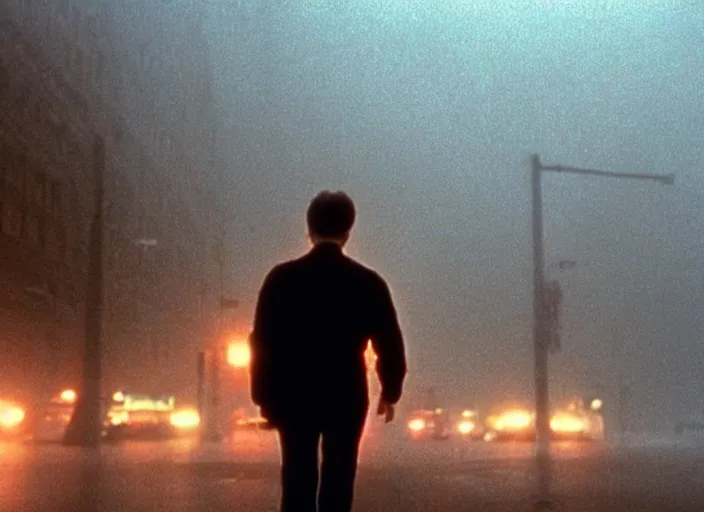 Image similar to film footage of giant michael j. fox in a foggy city, eerie, monster movie, 8 k, 8 5 mm