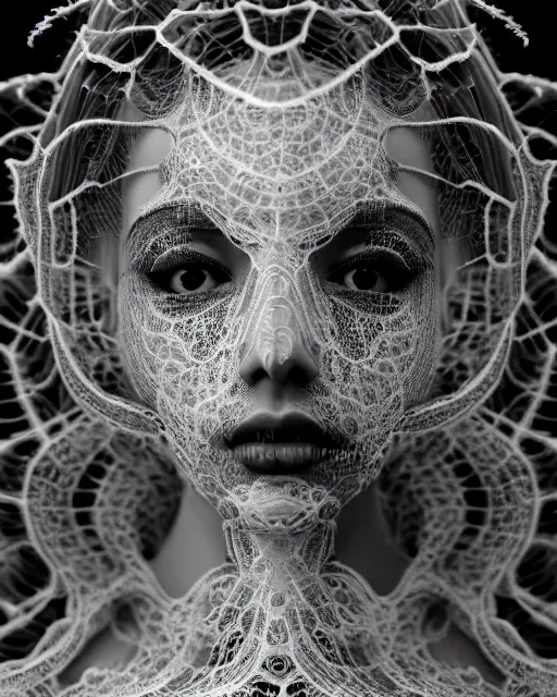 Prompt: surreal mythical dreamy artistic black and white fine art photo of a beautiful young female queen - medusa - vampire - cyborg covered with lace fish scales and translucent algae, highly detailed, intricate crystal ivy lace jelly fish scales ornate, poetic, octane render, 8 k, photo - realistic