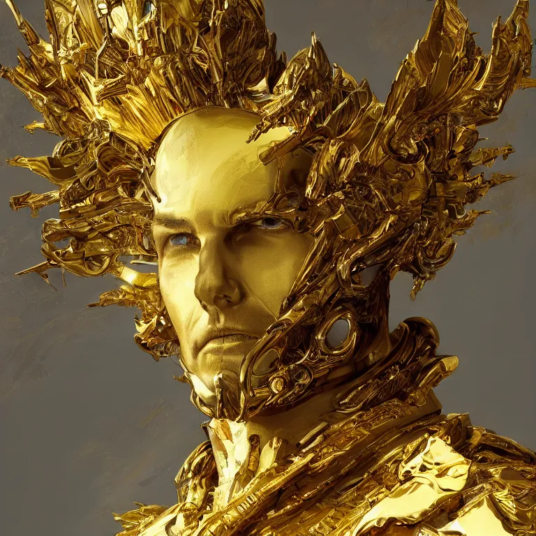 Image similar to tom cruise portrait of yellow angel king wearing shiny crown, subtle light accents, gold rococo, tom cruise face, sculpted by alex alice, craig mullins, yoji shinkawa, trending on artstation, beautifully lit, peter mohrbacher, hyper detailed, insane details, intricate, elite, elegant, luxury, cgsociety, hypermaximalist,