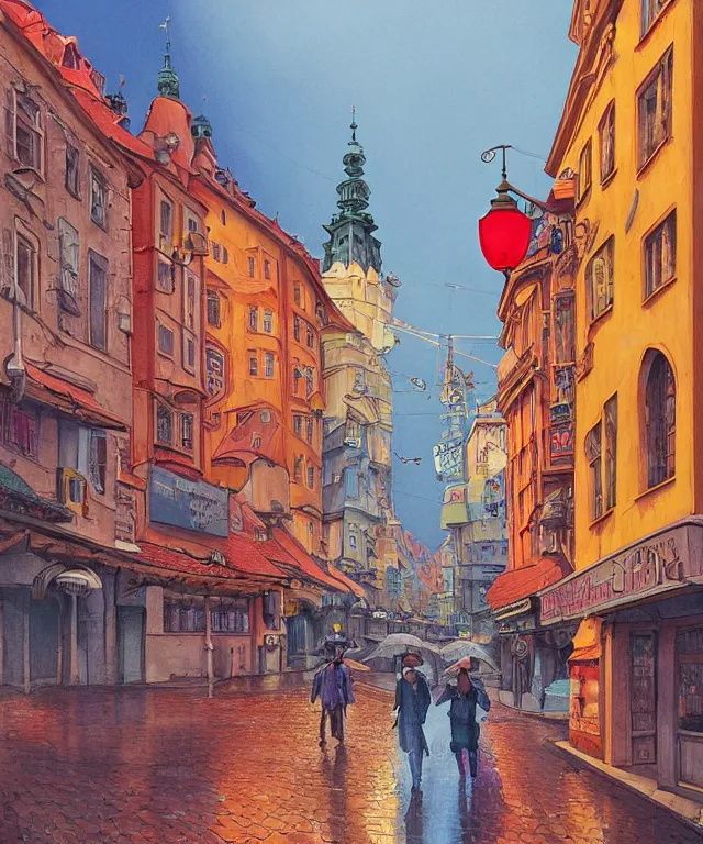 Prompt: insane perspective of colorful street vue from prague, realistic shaded , humid ground, highly detailed, artstation, painting by François Schuiten and moebius, disney fantasy style, people and creatures walking, big red robot waiting, volumetric light, neon lights, science fiction elements, lampposts, rainy mood