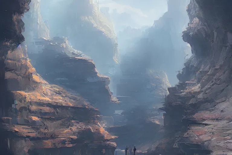 Image similar to a busy science - fiction base hidden in a canyon, river, morning, james paick, artstation