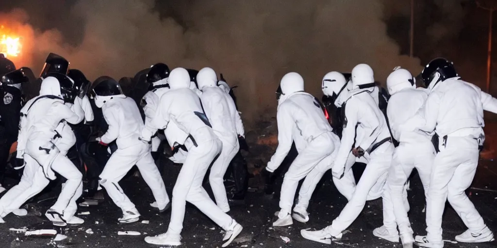 Image similar to photo of young men wearing white tracksuits fighting cops in a riot with burning cars at night, close shot, editorial photography