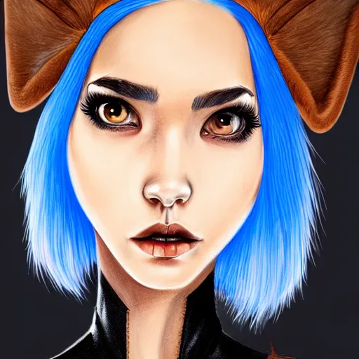 Image similar to illustrated realistic portrait of swept-back prong-horned devil woman with blue bob hairstyle and her tan colored skin and with solid black eyes wearing leather by rossdraws