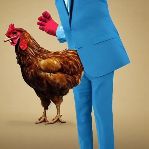 Prompt: a high quality photo of a chicken wearing a suit, realism, 8k, disco diffusion