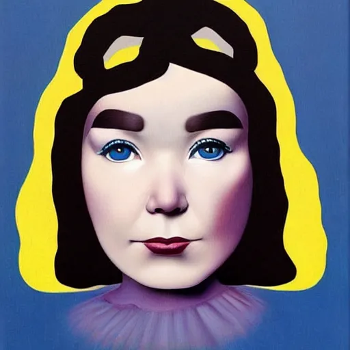 Image similar to very detailed portrait of bjork wearing dramatic makeup. painted by rene magritte, 1 9 2 7. oil on canvas.