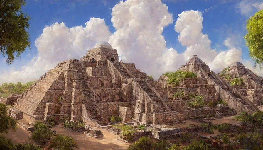 Image similar to excellent painted Aztec temples somewhere in Mexico with fluffy clouds, painted by Hans Fredrik Gude, Greg Rutkowksi, Craig Mullins and Artgerm, masterpiece, 4k, ultra realistic highly detailed oil painting