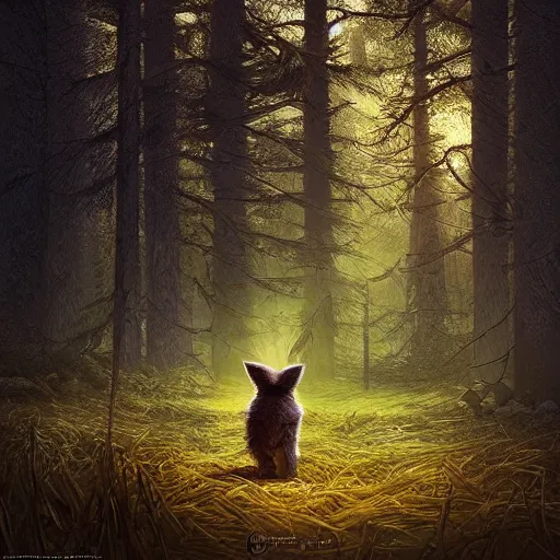 Prompt: a cute furry creature with long ears standing in a forest, big glowing eyes, fantasy, michael kutsche, concept render, cinematic lighting