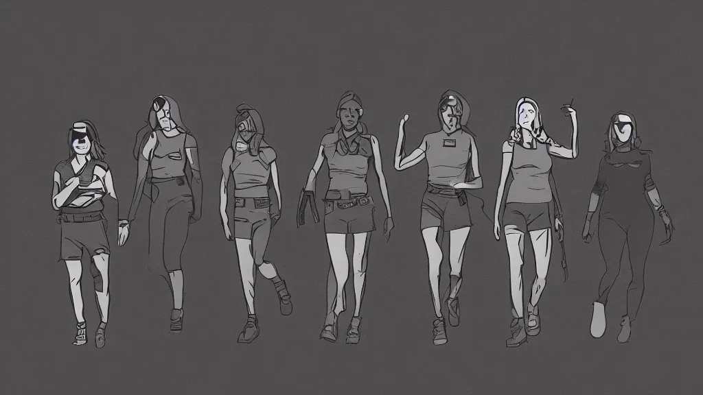 Image similar to all - female crew in a minimalistic, dark spaceship, digital art.