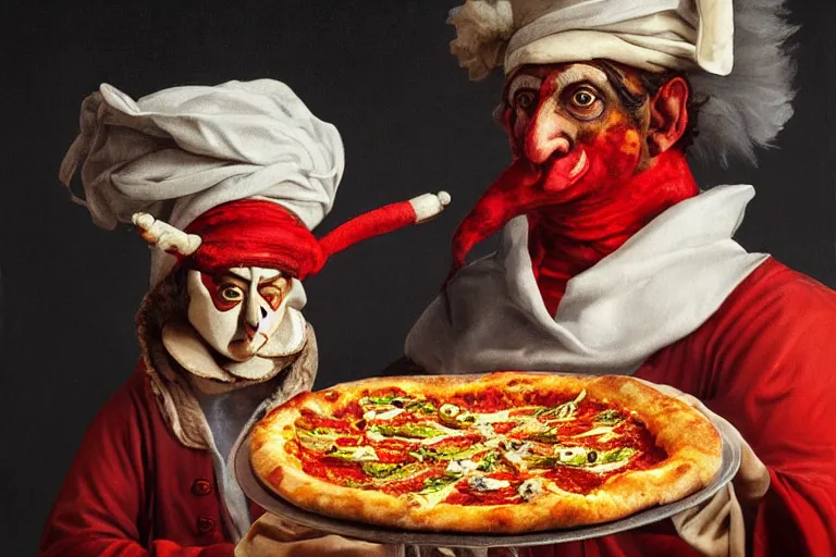 Image similar to a highly detailed portrait of pulcinella!!! from naples with a pizza!! and burning volcano, an ultrafine detailed painting by achille superbi, dramatic lighting, trending on deviantart, whimsical, lowbrow, smooth, sharp focus, octane, masterpiece