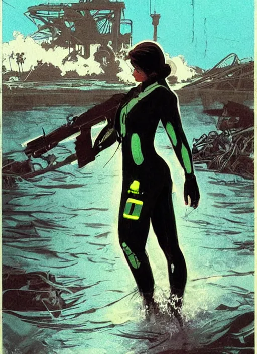 Image similar to Dinah. USN blackops operator emerging from water at the shoreline. Operator wearing Futuristic wetsuit and looking at an abandoned shipyard. Frogtrooper. rb6s, MGS, and splinter cell Concept art by James Gurney, Alphonso Mucha. Vivid color scheme.