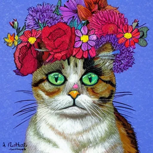 Prompt: a cat made out of flowers, in the style of frida kalho