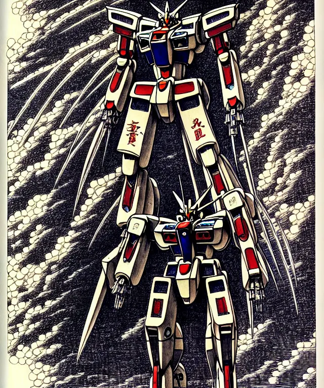 Prompt: symmetrical image of a gundam mecha robot, extremely high details, masterpiece engraving by takato yamamoto, gustave dore, jean giraud, philippe druillet