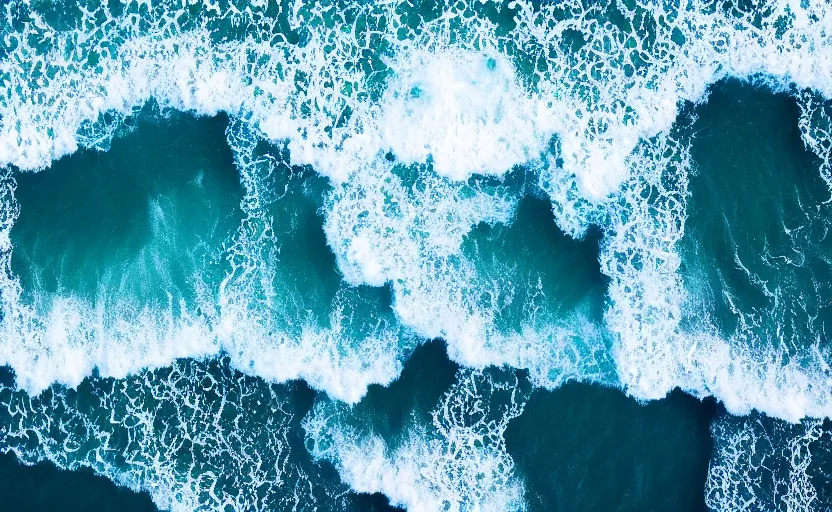 A ocean with blue glowing waves crashing against the | Stable