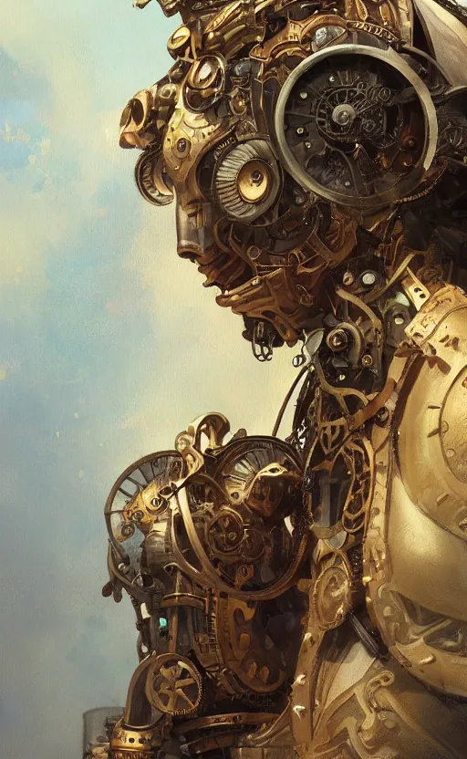 Image similar to steampunk robot, western, closeup, d & d, fantasy, intricate, elegant, highly detailed, digital painting, artstation, concept art, matte, sharp focus, illustration, art by artgerm and greg rutkowski and alphonse mucha