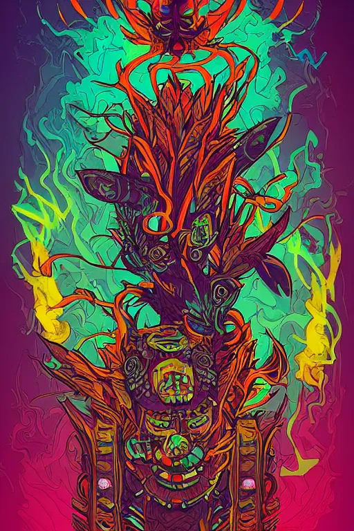 Image similar to totem animal tribal chaman vodoo mask feather gemstone plant wood rock video game illustration vivid color borderlands by josan gonzales and dan mumford radiating a glowing aura