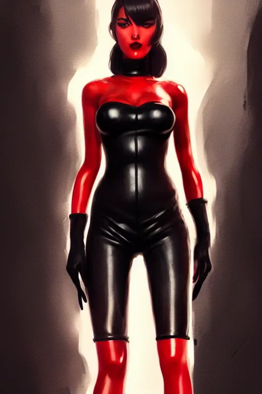 Image similar to dreamy girl character with perfect body in a nice black leather suit and red lips, very artistic pose, perfect lighting. professional design. great composition, illustration, highly detailed, digital painting, concept art, trending on artstation, by greg rutkowski, by james jean