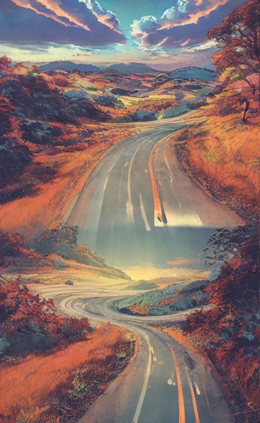 Image similar to paperback book cover by kim jung gi. 1 9 5 0 s. pure colors, melting clouds, accurately drawn details, a sunburst above a receding road with the light reflected in furrows and ruts, after rain. photorealistic. octane render. cinematic. trending on artstation. textless.