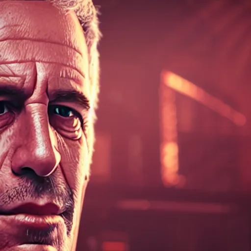 Image similar to jeffrey epstein in wolfenstein, splash art, movie still, cinematic lighting, glowing, neon light, ray tracing, octane render, long lens, shallow depth of field, bokeh, anamorphic lens flare, 8 k, hyper detailed, 3 5 mm film grain