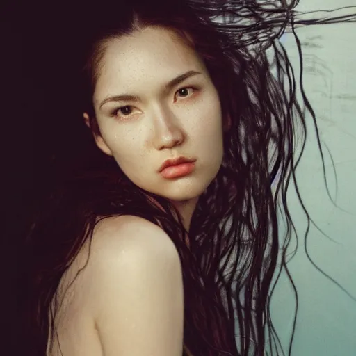 Image similar to Portrait photo of a woman under water, long dark hair, flowing hair, posed in profile, studio lighting, highly detailed, art by artgerm, cinestill 800t