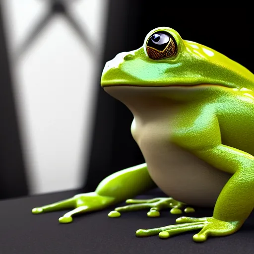 Image similar to a high quality photo of an antropomorphic frog wearing a suit, 3d scene, render, ultra realistic, artstation, cgsociety