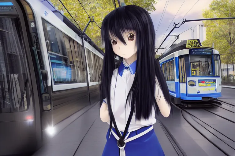 Image similar to japanese style, a 1 5 - year - old girl with long black hair, wearing a black uniform and sky blue short skirt, blue pupils, blue tie, carrying a black backpack, watching the tram slowly approaching at the tram stop, surrealism, movie level realism, virtual engine 5, detail texture, real light and dark composition, mixer rendering