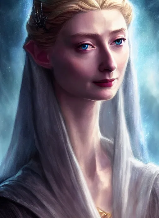 Prompt: beautiful radiant elizabeth debicki as galadriel, lord of the rings, lotr fanart, trending on artstation, character art, the hobbit, digital painting, concept art, smooth, sharp focus, illustration, art by artgerm and greg rutkowski, directed by peter jackson,