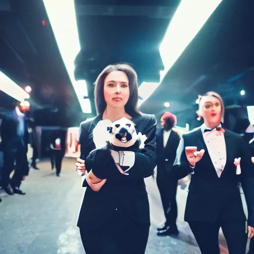 Prompt: cinematic shot of a group of anthropomorphic cute puppies wearing suits walking into a nightclub surrounded by beautiful women and bodyguards, 8k, dslr, suave,