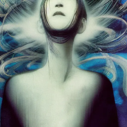 Image similar to yoshitaka amano blurred and dreamy realistic portrait of a woman with black eyes and white hair wearing dress suit with tie, junji ito abstract patterns in the background, satoshi kon anime, noisy film grain effect, highly detailed, renaissance oil painting, weird portrait angle, blurred lost edges, three quarter view