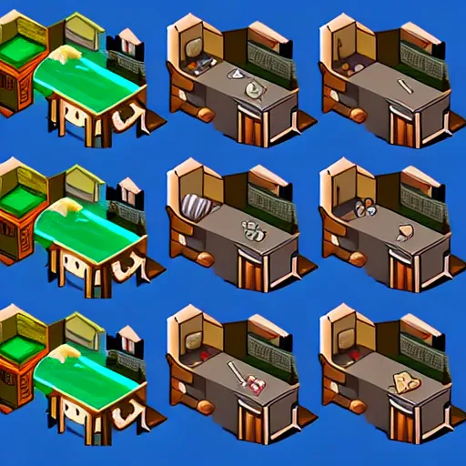 Prompt: rpg maker style bedroom asset sheet, rpg game style, isometric view, isometric perspective, highly detailed