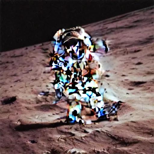 Image similar to A photo of an astronaut on the moon without his helmet eating garlic bread with knife and fork,the bread is on a red table,earth in the background