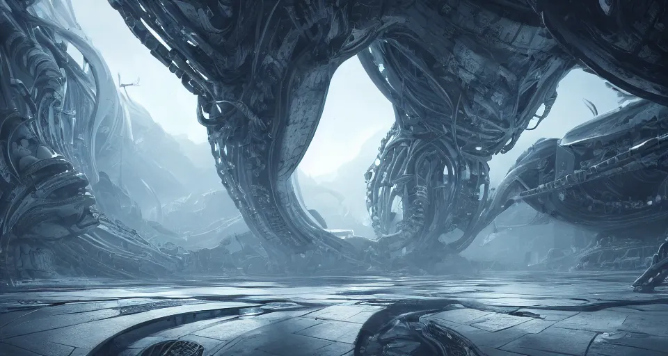 Image similar to A beautiful artwork illustration, detailed, level design, third person, The pristine halls of an organic alien spacecraft, biomechanical structures, subsurface scattering, realistic, featured on Flickr, wide angle, horizontal orientation, very coherent, cinematic, hyper realism, high detail, octane render, 8k