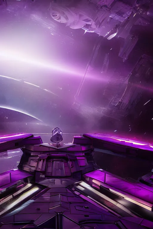 Image similar to the navigation deck onboard the Peaceful Tyranny DJD Deception spaceship in orbit over cybertron, gothic Decepticon mood, purple and dark color walls, clean panels, dramatic lighting, glowing red hologram navigation panels, cinematography by Wes Anderson, 4k octane render, photorealistic , cinematic lighting, Artstation